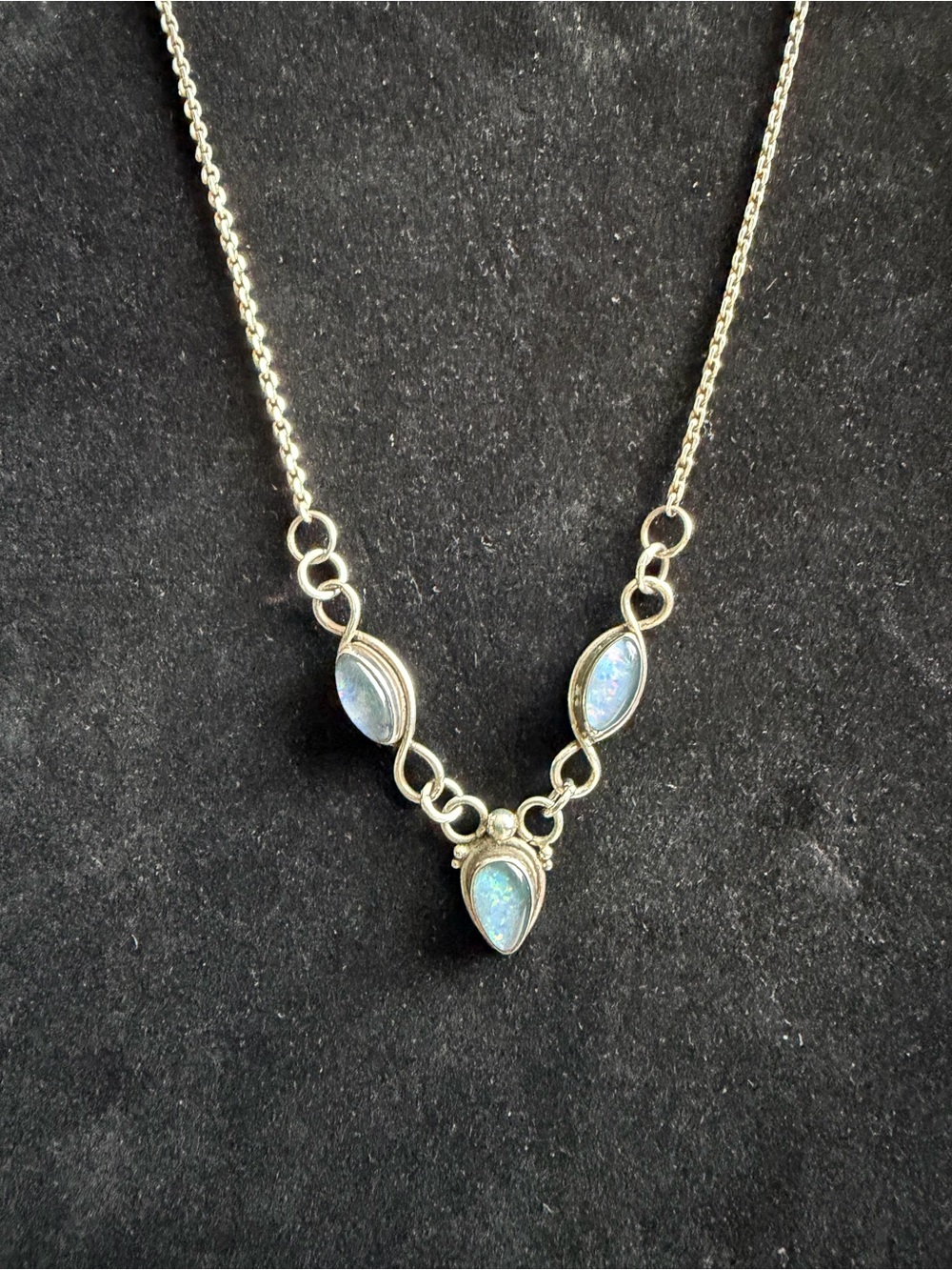 Sterling Silver 925 Blue Opal 3 Stone Teardrop Necklace 17”+2” Extender
